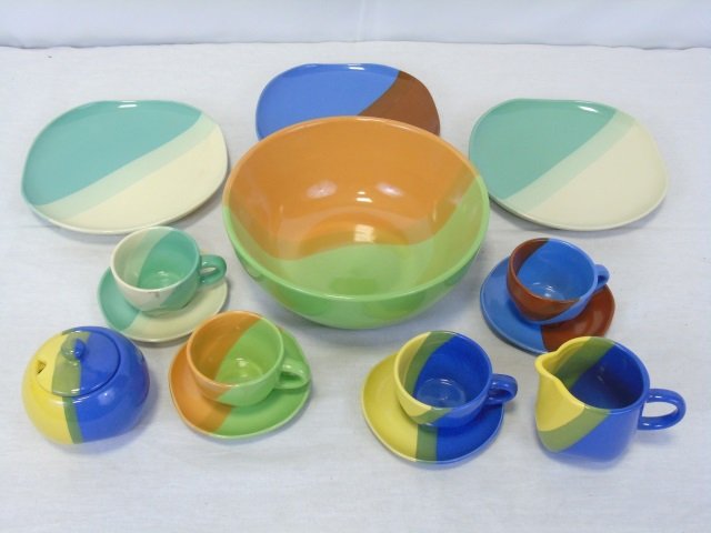 Lot of 14 Sky Canyon Pottery Bowl Cups Saucers: Lot of 14 Sky Canyon pottery items. 4 espresso cups and saucers, sugar and creamer, bowl, 3 luncheon plates. Bowl measures: 9" diameter x 3" H. Plate: 7 3/4" diameter. Excellent condition.