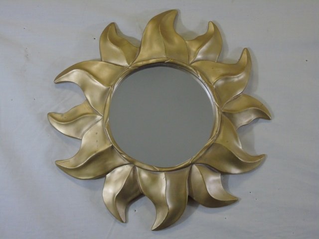 Small Gold Sunburst Mirror: Small gold painted resin sunburst mirror. 15" diameter. Good condition.