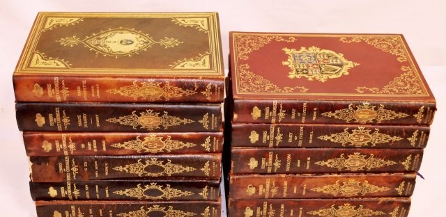 (11) RARE & LE "Secret Chronicles" Tooled Leather: Set of eleven matching volumes of a very special, limited edition of tooled, gilded, color-tinted leather hardcovers, with moiré fabric inner cover lining. The set is entitled "Memoirs and Secret Chr