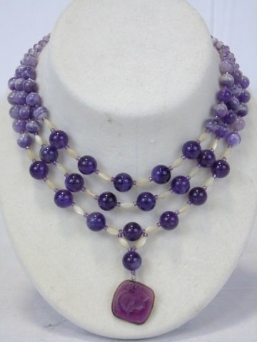 Amethyst Mother of Pearl Antique Intaglio Necklace: Amethyst Mother of Pearl Antique Intaglio Necklace. Beaded natural amethyst and mother of pearl three tier necklace with antique Victorian era intaglio pendant. Approximately 16 inches in length.