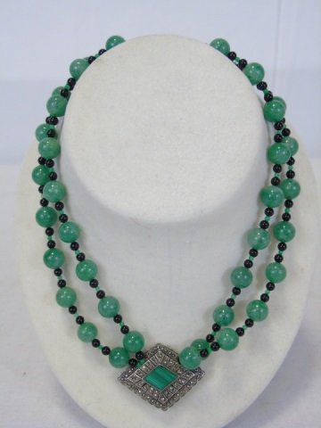 Jade Onyx Malachite & Marcasite Silver Necklace: Jade Onyx Malachite & Marcasite Silver Necklace. Beaded jade and onyx with malachite and marcasite pendant set in silver. Measures 16 inches in length.