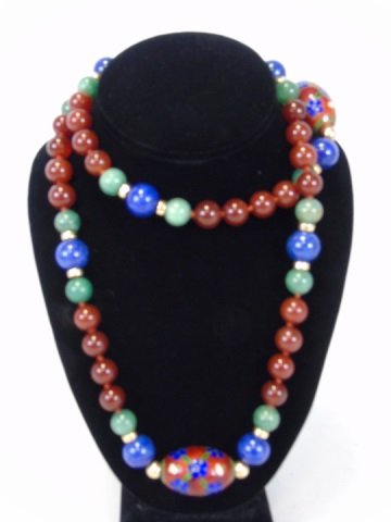 Chinese Jade Lapis Cloisonne Yellow Gold Necklace: Chinese Jade Carnelian Lapis Cloisonne Necklace. Vintage Chinese green jade, lapis lazuli, carnelian beads with yellow gold disks and large cloisonne enamel beads of flowers. Measures approximately 36