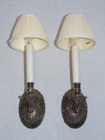 Pair of Sconces Nickel / Silver Finish: Pair of Sconces, nickel / silver finish. Silk shades. 5" W x 14" H x 6" D. Good condition.