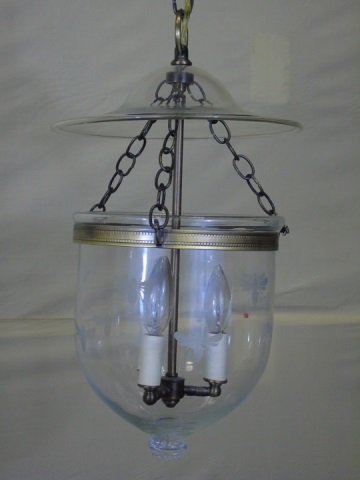 The Federalist Bell Jar Lantern With Etched Bees: The Federalist, Greenwich, CT, bell jar lantern. Etched bees detail. Antique brass finish. 10" diameter x 26" H. Good condition.