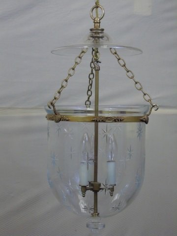 Federalist Bell Jar Lantern Etched Stars: Federalist, Greenwich, CT bell jar lantern with etched stars, brass fittings. Approx. 36" H x 11" diameter. Very good condition.