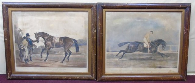 Pair Antique Framed Equestrian Hunting Prints: Pair Antique Framed Equestrian Hunting Prints. Antique prints in period frames. Each measures 26 by 30 inches. From a Jeffrey Bilhuber decorated home in Bedford, NY.