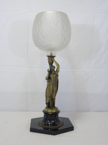 Jean Jules Salmson - Bronze Statue w/ Compote: Jean Jules Salmson - Bronze Statue w/ Compote. A bronze statue mounted on asymmetrical black marble base. Signed Salmson. 10" W x 10" D x19" H. With frosted globe shade. Very good condition.
