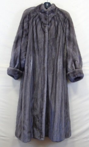 Vintage Mink Coat by Lutetia for Lord & Taylor: Vintage full length mink coat by Lutetia made for Lord & Taylor. Emba natural gunmetal mink. Bat wing arm detail. Cuff sleeves, stand up collar. Shoulder to shoulder is 24" W x 52" long. Needs cleanin