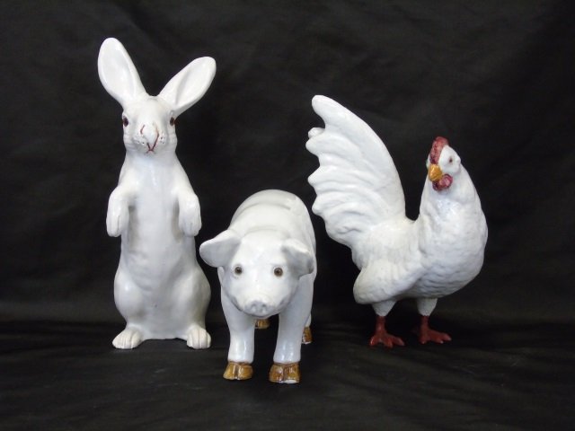 French Earthenware Animals Pig Rooster Rabbit: Vintage French painted earthen wre animals. Pig, bunny rabbit and rooster. Rabbit is 13 1/2" H x 4 1/2" W, pig is 12 1/2" long x 7 1/4" H, rooster is 9 1/2" W x 11" H. Very good condition. But the pig