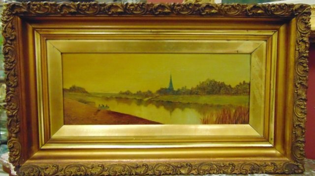 Large Antique 1900 Landscape Painting: Large Antique 1900 Landscape Painting. Original frame. Painted on canvas. Landscape river scene. Signed L. Palmer 1900. Frame measures 28.5 by 16 inches.
