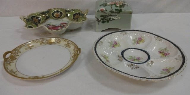 Lot of 4 Ceramic and Porcelain Items: A lot of four ceramic and porcelain items A Nippon hand painted dish, 10" W x 9 3/4" D x 2 1/2" H. Victoria dish, 8 1/2" dia x 1 5/8" H. A Nowtak and painted Japanese dish, 7 5/8" dia. x 1" H. A Japan
