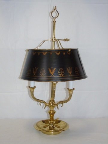 Scully & Scully Bouilotte Lamp w/ Tole Shade: Scully & Scully Bouilotte Lamp w/ Tole Shade. Gilt metal. 11 1/2" dia. shade x 30" H to finial. Original retail price of $465.