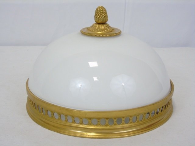 Neo Classical Gilt Brass & Glass Light Fixture: Neo - Classical gilt brass and glass light fixture, ceiling flush mount. 10" diameter. Very good condition.