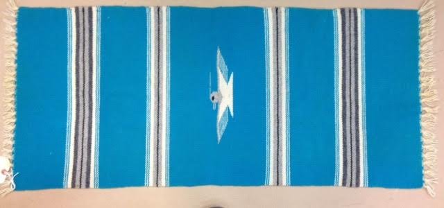 Native American Wool Table Runner w/ Fringe: Native American wool table runner, turquoise and gray ith fringe. 39" long x 16 3/4" W. Very good condition.