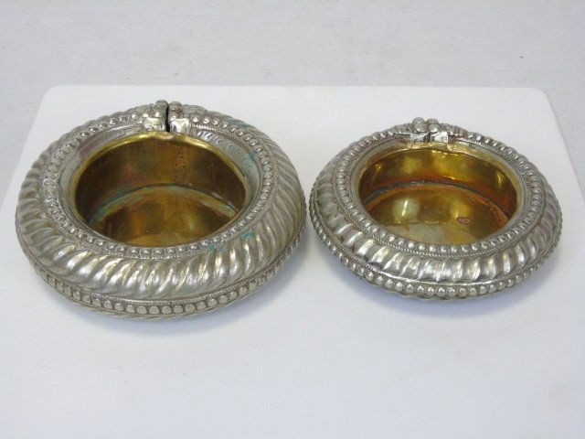 2 Vintage Silver Plate Wine Coasters: Two vintage silver plate wine coasters. Bead and fluting detail. Brass interior. Largest 5 1/4" diameter x 1 1/2" H.