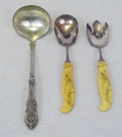 Large Antique Sterling & Silver Serving Utensils: Three antique sterling and silver plate serving utensils. Including a large Victorian ladle with sterling handle and matching fork and spoon with Rococo style handles and silver plate. Longest measure