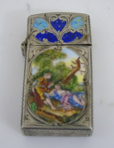 Antique Continental Austrian Enamel Silver Lighter: Antique Continental Austrian Enamel Silver Lighter. Hand painted enamel Rococo courting scene on front, chased work in silver. Measures 2.25 inches in height.