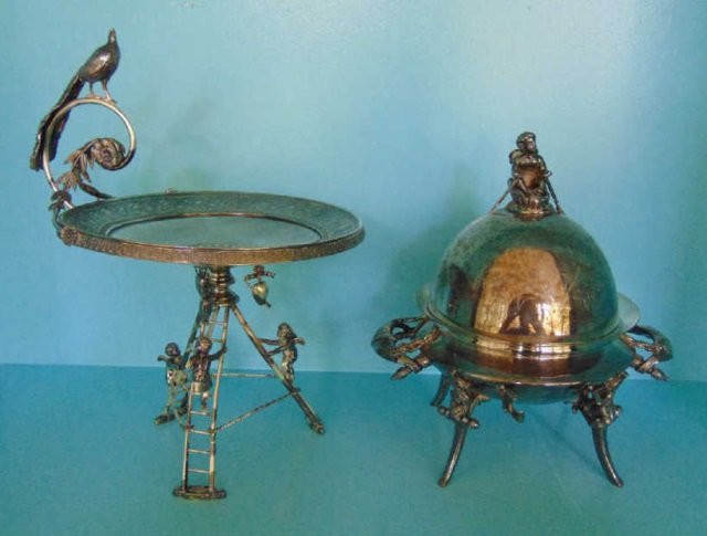 Antique Victorian Figural Silver Plate: Antique Victorian Figural Silver Plate. Compote measures 11 inches in height, 9 inches in diameter. From the Greenwich, Connecticut home of interior decorator Catherine Cleare.