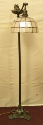 Tiffany Studios New York Aladdin Lamp & Shade: Tiffany Studios Aladdin lamp, marked Tiffany Studios New York 576 on underside of base. Shade marked Tiffany Studios on interior rim. Bronze Aladdin floor base with tripod foot having serpentine legs 