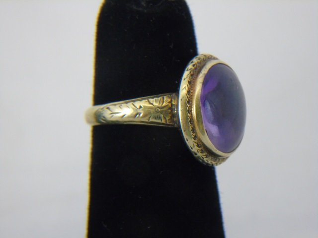 Antique Cabochon Amethyst 14kt Gold Ring: Antique Cabochon Amethyst 14kt Gold Ring. Late Victorian possibly Edwardian period. Interior hallmarked 14kt. Size 4.5, but can be resized.