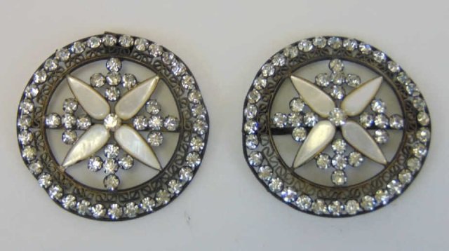 Pair Circular Antique Victorian Shoe Buckles: Pair Circular Antique Victorian Shoe Buckles. 2 1/4" diameter. Filigree metal and paste stones.