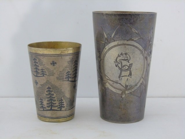 Two Antique Russian Imperial Silver Cups: Two Antique Russian Imperial Silver Cups. First marked 84 for silver and initialed for silversmith, second marked 875 and initialed. Taller measures 3.5 inches.