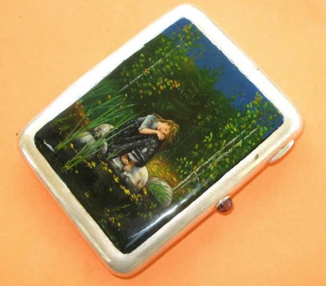 Russian Silver Hand Painted Enamel Cigarette Case: Fine Russian Silver Hand Painted Enamel Cigarette Case, dated 1953 Moscow. Fine and Rare Russian Silver Gilt Hand Painted Enamel Cigarette Case, 1953 Moscow. This Beautiful Silver case hand painted wi