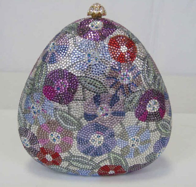 Judith Leiber Jeweled Evening Handbag Purse: Limited edition 40/100 jeweled Judith Leiber evening purse. Gold leather two compartment interior. Gold chain strap. Floral rhinestone pattern. Floral rhinestone clasp. 5" W x 5" H x 2"D. Excellent co