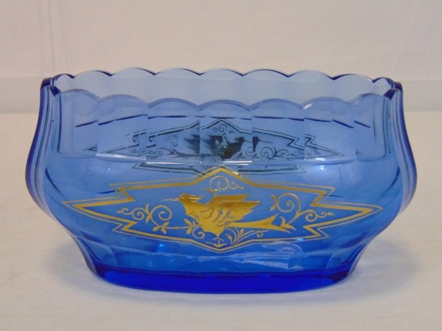 Antique Les Vaporisateurs Baccarat Centerpiece: Antique Les Vaporisateurs Baccarat Centerpiece. Marked Les Vaporisateurs Paris Baccarat on bottom. Blue color with gold decoration of birds front and back. Measures 5 inches in height, 10 inches in wi