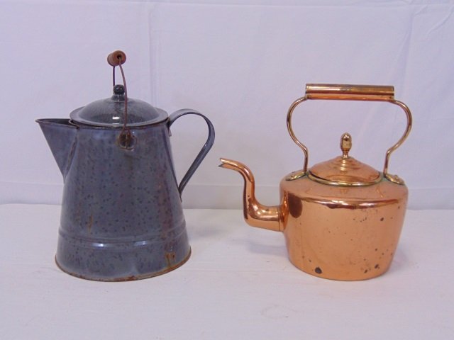 Antique Copper Teapot & Graniteware Pitcher: Antique Copper Teapot & Graniteware Pitcher. Copper kettle: 12" W 13" H, graniteware: 10 1/2" W x 12" H.