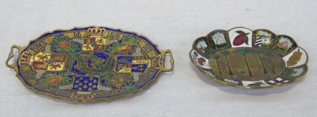 Two Antique Enamel Bronze Souvenir Trays: Two Antique Enamel Bronze Souvenir Trays. For Florida, Bermuda, Jamaica, Trinidad, etc. Larger, for Ponce de Leon / Florida, measures 4.75 inches in width.