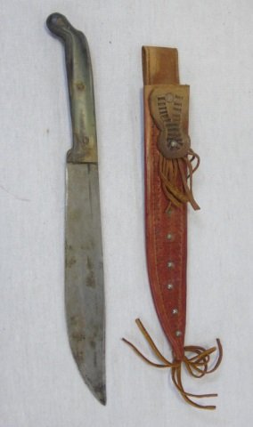 Antique Horn Handle Knife in Leather Case: Antique Horn Handle Knife in Leather Case. Measures 12 inches in length.