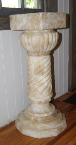 Antique 19th C. Carved Alabaster Pedestal Column: Antique 19th C. Carved Alabaster Pedestal Column. Separates to several pieces. Versatile design piece - fine art or object display, newel post, architectural element. Measures 32 inches in height, 16