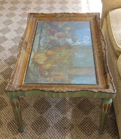 Custom Made Coffee Table w/ Antique Tray: Custom Made Coffee Table w/ Antique Tray. Hand made, hand painted, custom coffee table made to encompass antique hand painted tin tray. Measures 18 inches in height, 38 inches in width, 25 inches in d