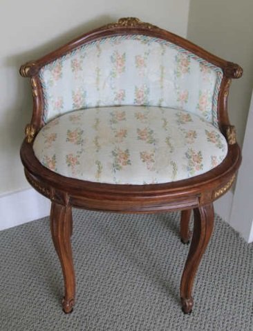 Antique French Rococo Style Vanity Bench: Antique French Rococo Style Vanity Bench. Hand carved. Custom upholstered. Measures 26 inches in height, 22 inches in width, 14 inches in depth. From the Greenwich, Connecticut home of interior decora