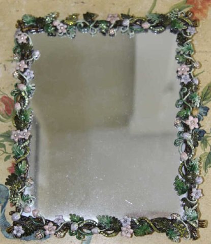 Contemporary Jay Strongwater Mirror Tray: Contemporary Jay Strongwater Mirror Tray. Enamel flower frame. Measures 8 by 10 inches. From the Greenwich, Connecticut home of interior decorator Catherine Cleare.