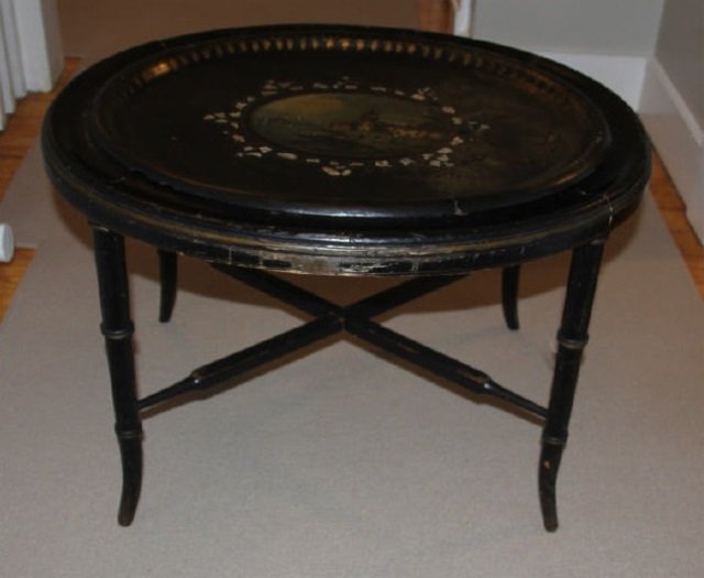 Antique English Victorian Papier Mache Tray Table: Antique English Victorian Papier Mache Tray Table. 19th century, hand painted, mother of pearl. Measures 18 inches in height, top is 22 by 28 inches. From the Greenwich, Connecticut home of interior d