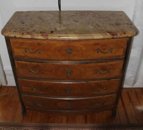 Antique Continental Marquetry Marble Top Commode: Antique Continental Marquetry Marble Top Commode Chest of Drawers. Inlaid marquetry wood surface. Measures 38 inches in height, 40 inches in width, 19 inches in depth. From the Greenwich, Connecticut 