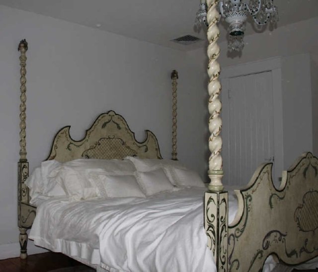 Contemporary Custom Made Four Poster Bed: Contemporary Custom Made Four Poster Bed. Handmade, hand painted. Measures 82.5 inches in height, 83 inches wide, 88 inches deep. Mattress and bedding shown is not included. From the Greenwich, Connec