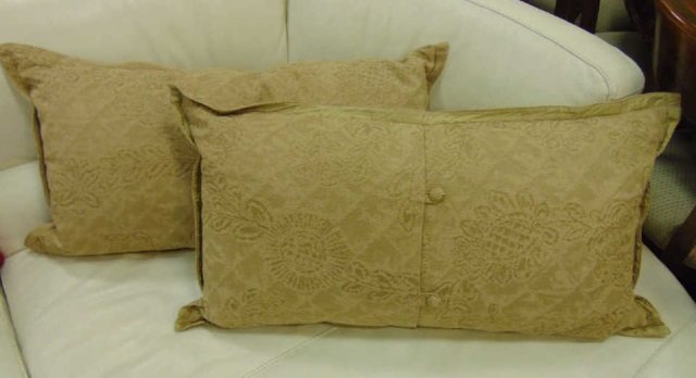 Pair of Beige Damask Sham Pillows: Pair of beige damask sham pillows. Silk lined flange detail. Covered buttons.36" W x 20" H .Down filled.