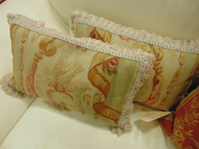 Pair of Aubusson Style Throw Pillows Fringed Edge: Pair of Aubusson style throw pillows with fringed edge. Bird image on front. Silk back. 18" W x 12" H.