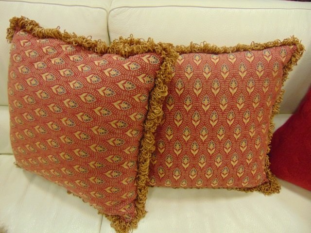 Pair of Throw Pillows w/ Chenille Fringe: Pair of cotton print throw pillows with chenille fringe. Red and beige. 18" square. Foam insert.