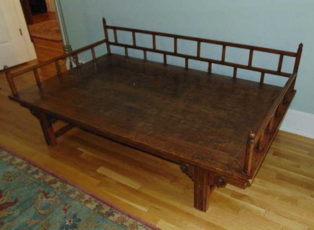 Antique Asian Style Wood & Custom Cushion Day Bed: Antique Asian Style Wood & Custom Cushion Day Bed. Large fitted cushion included in listing, others shown for display. Carved wood frame using antique wood. Signed on underside. Measures 29 inches in