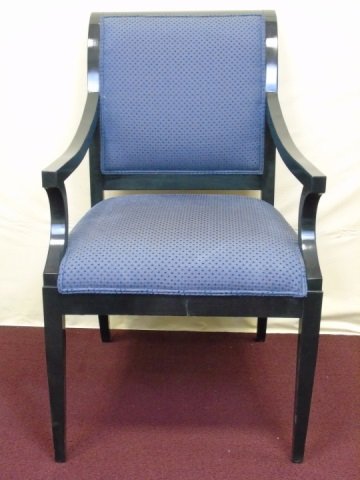 Modern Traditional Baker Upholstered Armchair: Baker upholstered arm chair. Navy textured fabric. Ebony finish on wood frame. 23" W x 35" D x 39" high. Very good condition.