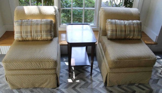 Pair Contemporary Custom Made Slipper Chairs: Pair Contemporary Custom Made Slipper Chairs. Custom upholstered and custom made pillows. Each measures 34 inches in height, 25 inches in width, 38 inches in depth. From the Greenwich, Connecticut hom