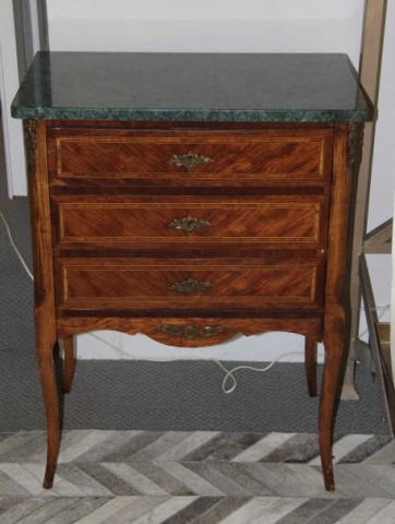 Italian Marquetry Wood & Marble Commode Cabinet: Italian Marquetry Wood & Marble Commode Cabinet. Inlaid detail, marble top, gilt metal mounts. Measures 29 inches in height, 23 inches in width, 13.5 inches in depth. From the Greenwich, Connecticut h