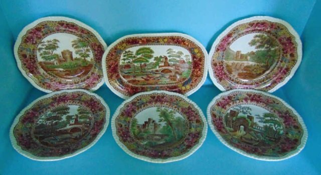 Set of Antique Spode Porcelain w/ Castle Scenes: Set of Antique Spode Porcelain w/ Castle Scenes. Plates and platter. Platter measures 11 by 7.5 inches, plates are 9 inches in diameter. From the Greenwich, Connecticut home of interior decorator Cath