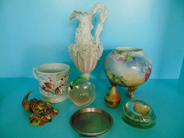 Assorted Antique& Vintage Table Articles: Assorted Antique& Vintage Table Articles. Vases, dishes, paperweights, etc. Tallest 10.5 inches. From the Greenwich, Connecticut home of interior decorator Catherine Cleare.