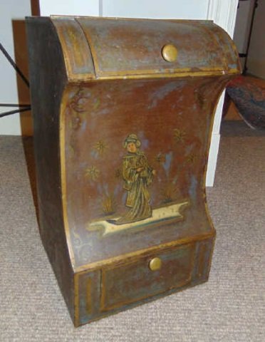 Large Antique Tea Tin Storage Container: Large Antique Tea Tin Storage Container. With Asian motif. Original finish. Measures 24 inches in height, 13.5 inches in width, 13 inches in depth.