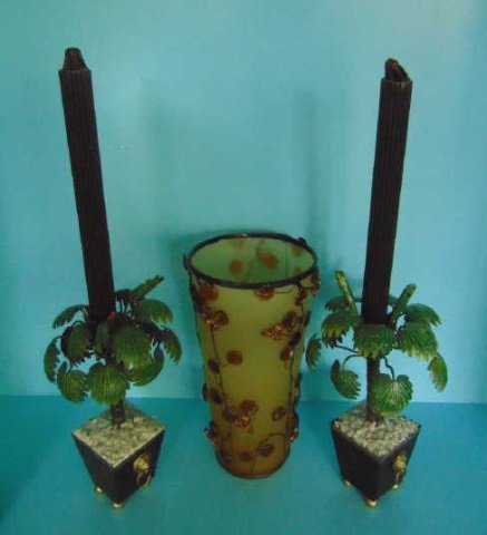 Pair Tole Palm Tree Candlesticks & Art Glass Vase: Pair Tole Palm Tree Candlesticks & Art Glass Vase. Painted tole metal candlesticks measure 9 inches in height. From the Greenwich, Connecticut home of interior decorator Catherine Cleare.
